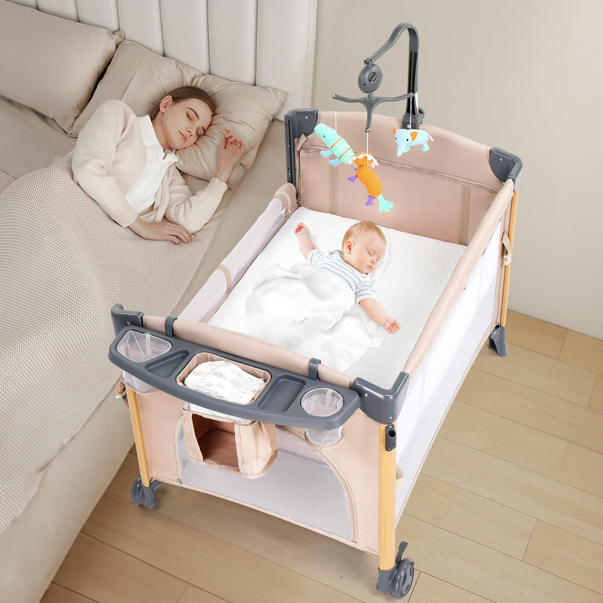 7 in 1 Bedside Bassinet with Changing Table, Storage Shelf, Mattress Y936