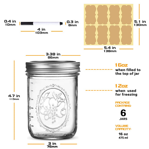 16 oz 6 Pack Wide Mouth Glass Mason Jars with Airtight Lids Y172439