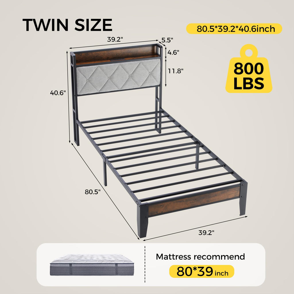 Twin Bed Frame with Headboard and Charging Plug C40542