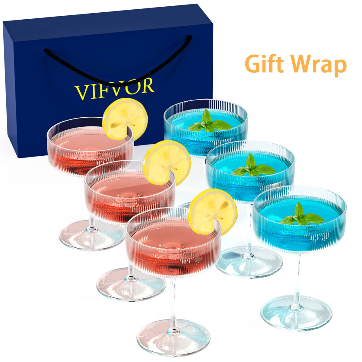 6 Pcs 10 oz Ribbed Coupe Cocktail Glasses F960