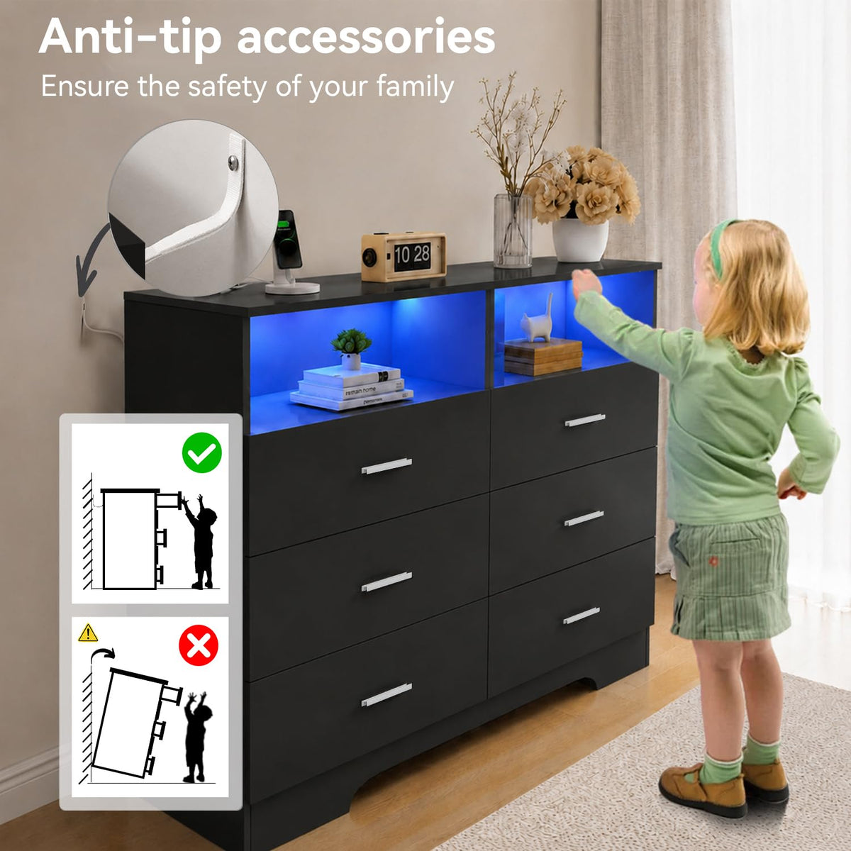 Black 6 Drawer Wood Dresser with Power Outlets B21583