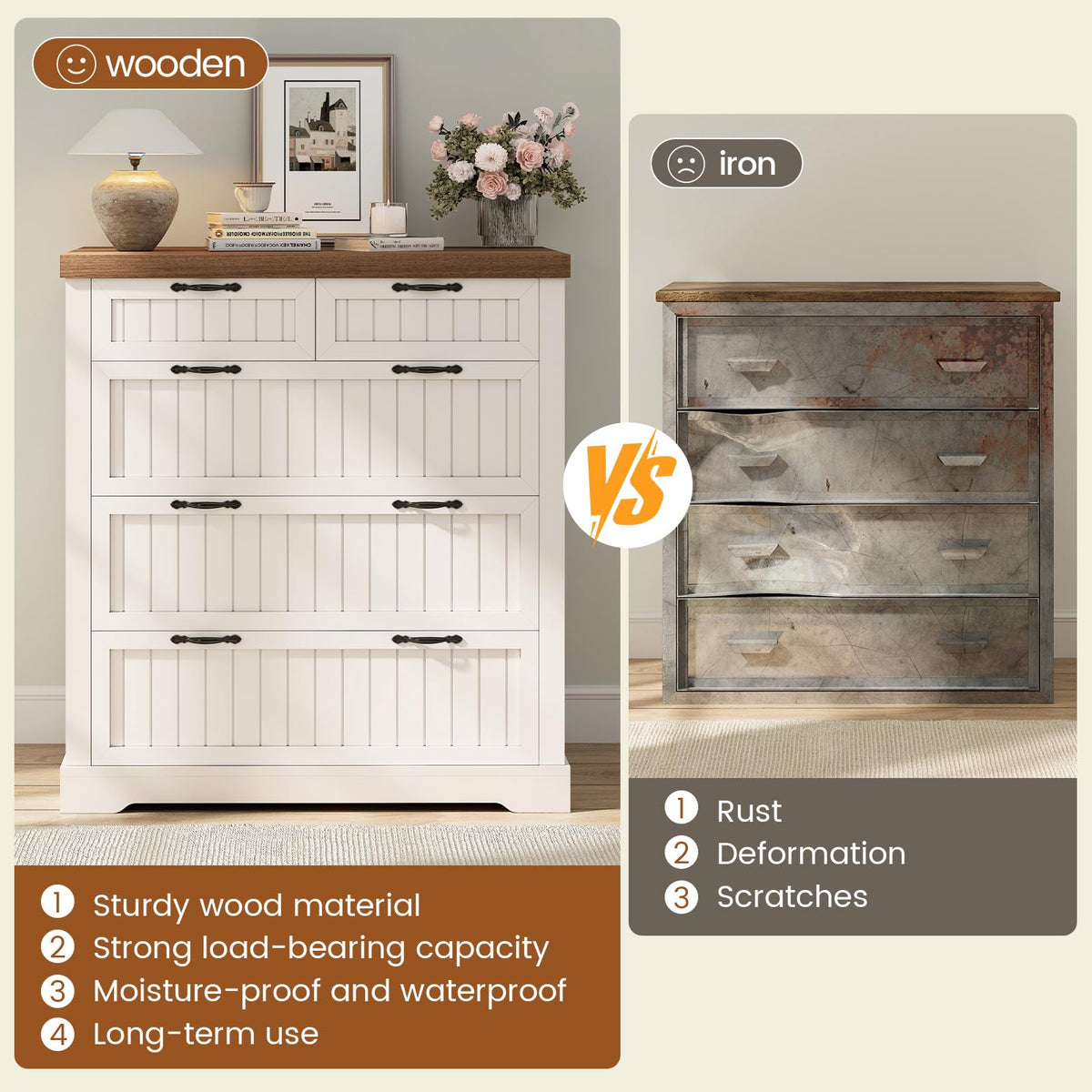 White and Brown 5 Drawer Wood File Cabinet N75749