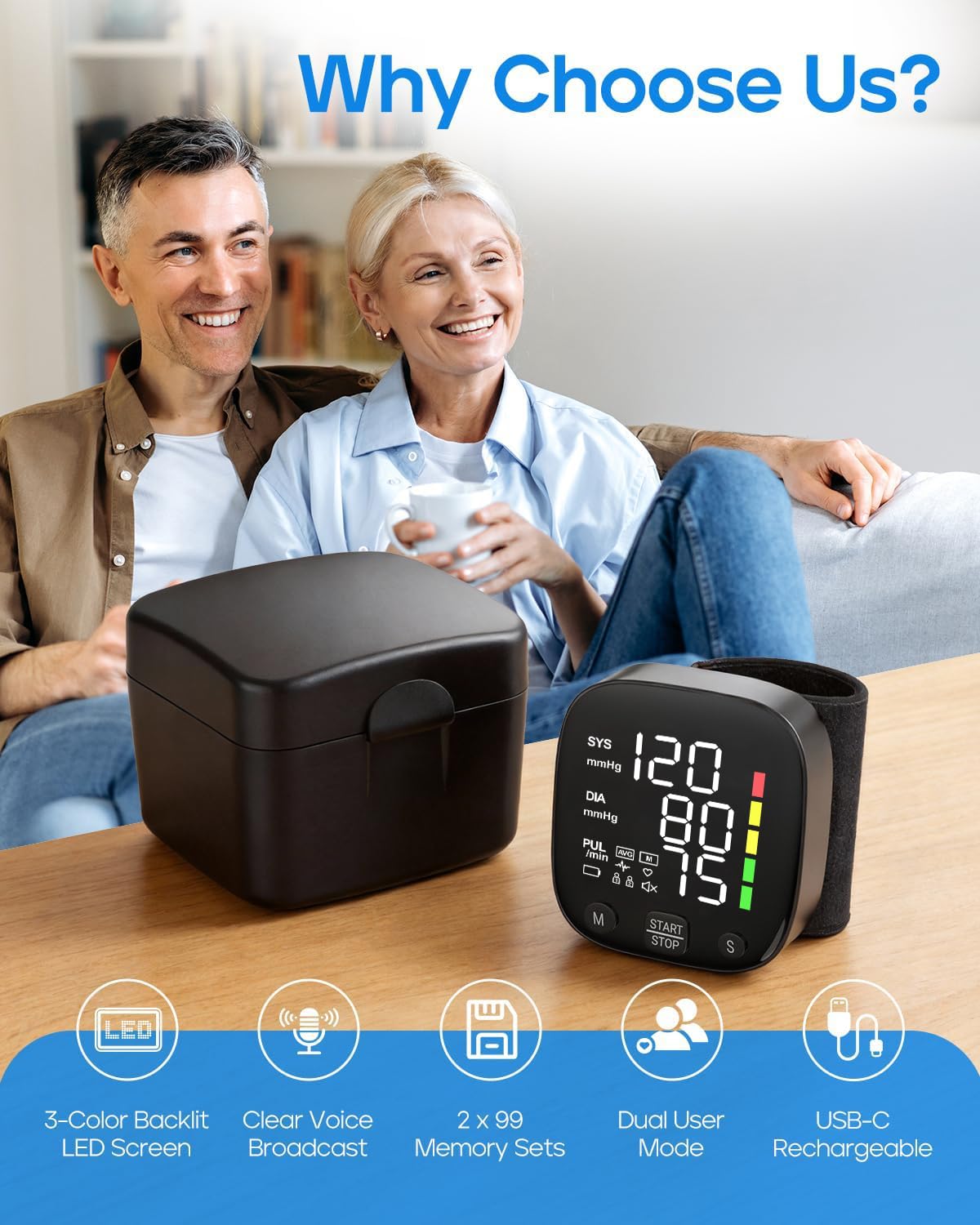 Wrist Blood Pressure Monitor LED Display 2x99 Memory Type-C Rechargeable W6727