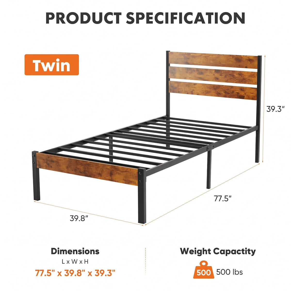 Twin Wood Bed Frame with Headboard T102226