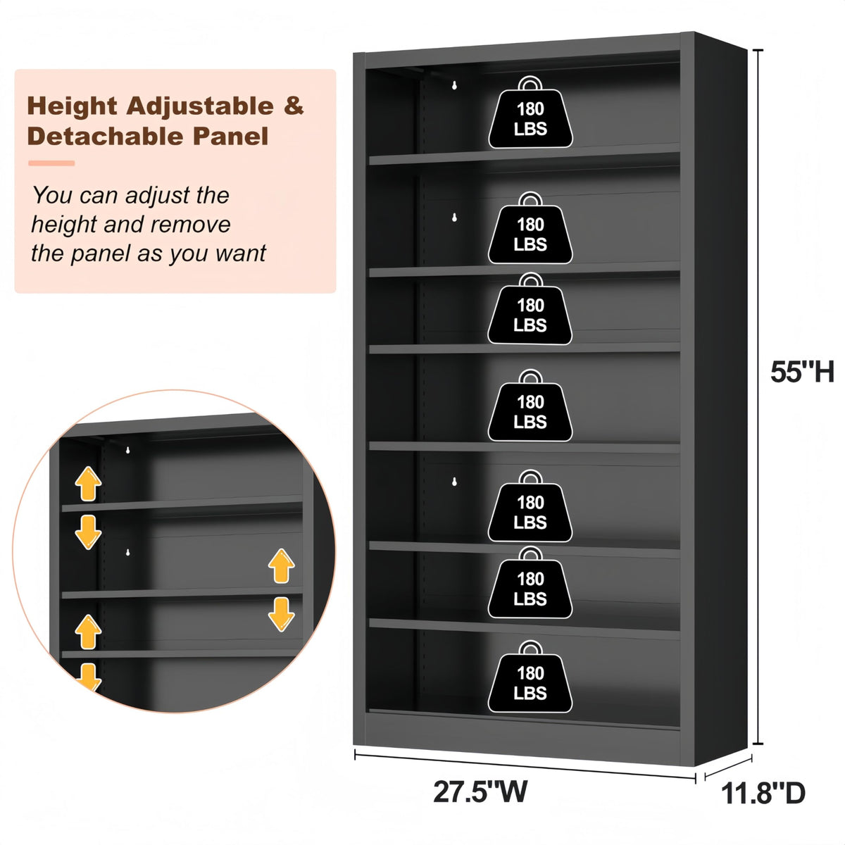 55" Metal Media Storage Cabinet with 6 Adjustable Shelves O184
