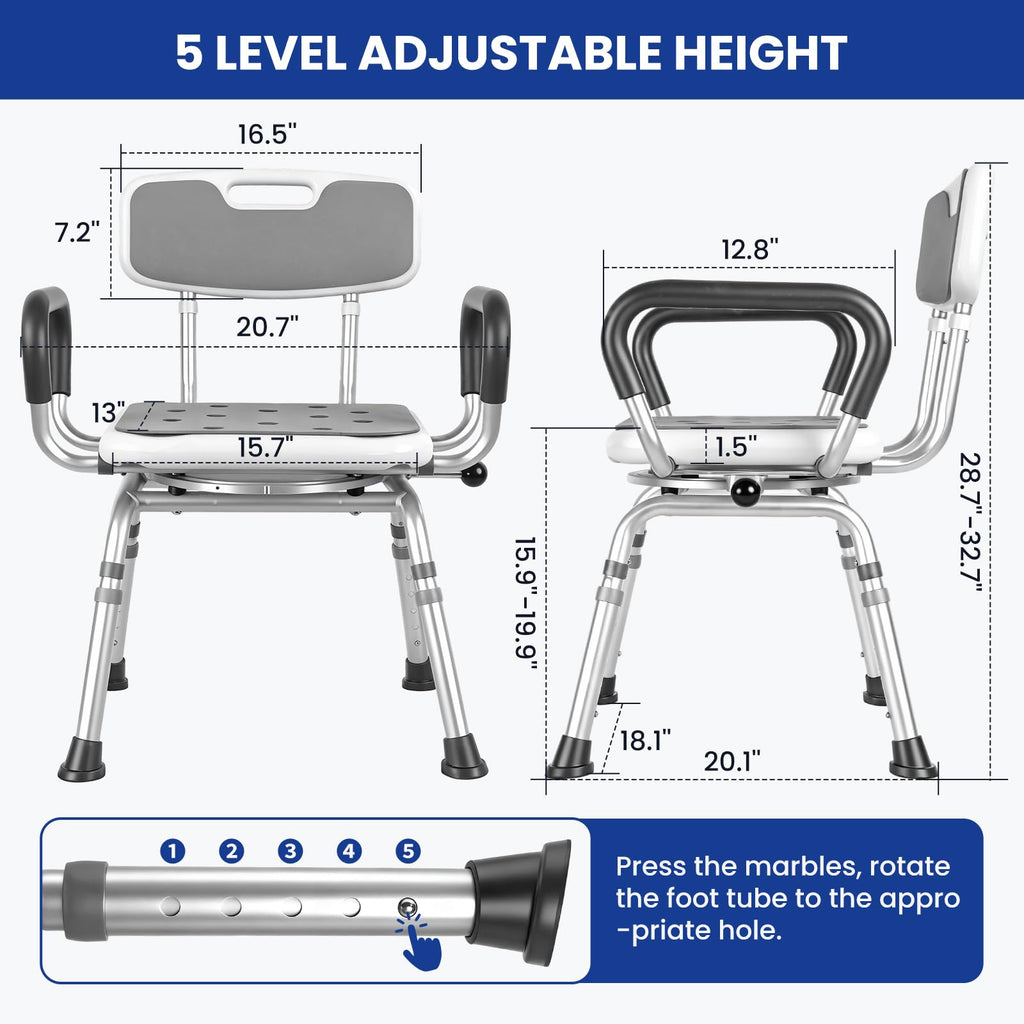 Swivel Shower Chair with Arms & Back, 5-Level Height Adjustable, 300 lbs Y687352