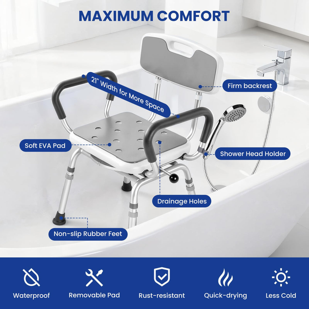 Swivel Shower Chair with Arms & Back, 5-Level Height Adjustable, 300 lbs Y687352