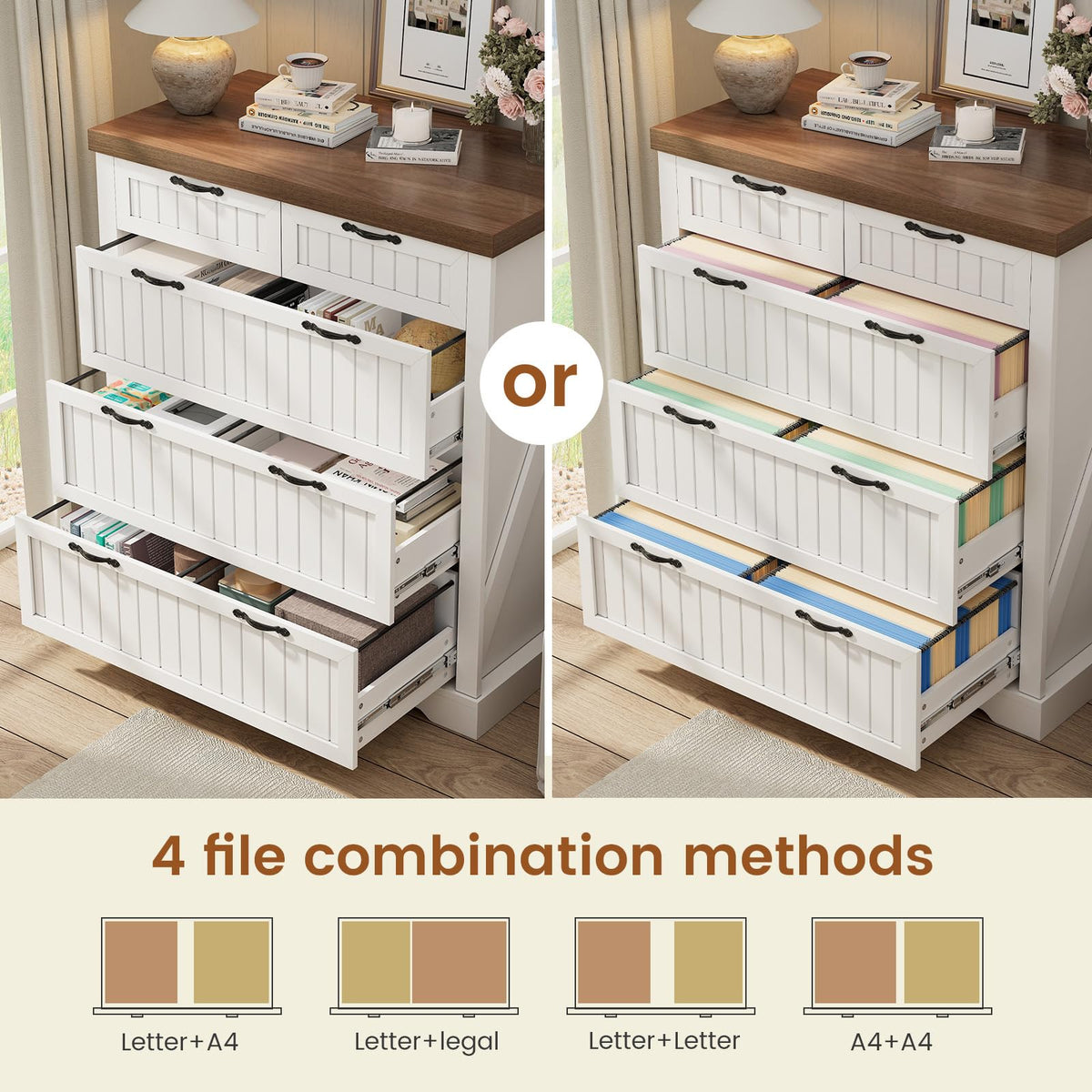 White and Brown 5 Drawer Wood File Cabinet N75749