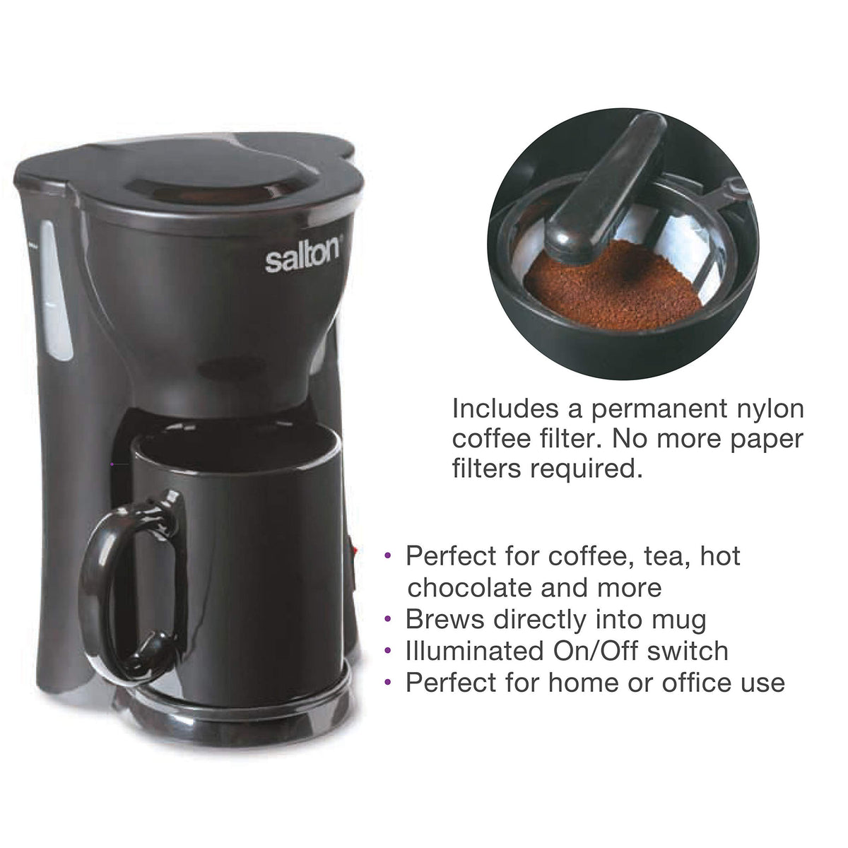 1 Cup Black Mini Drip Coffee Maker with Reusable Mesh Filter M846482