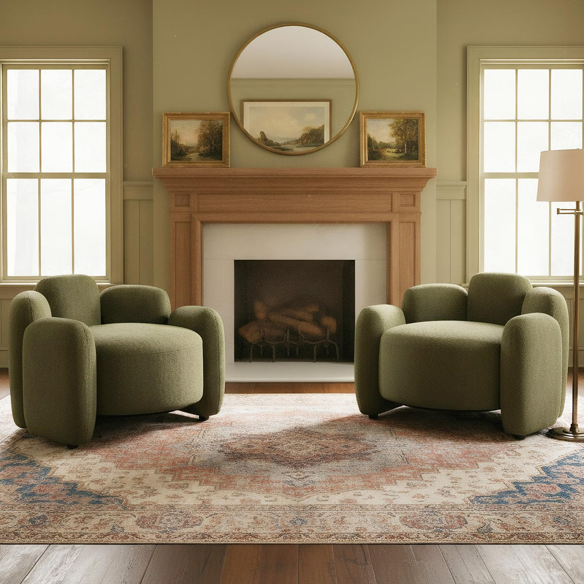 Green Set of 2 Upholstered Barrel Accent Chairs with Solid Wood Base F712311