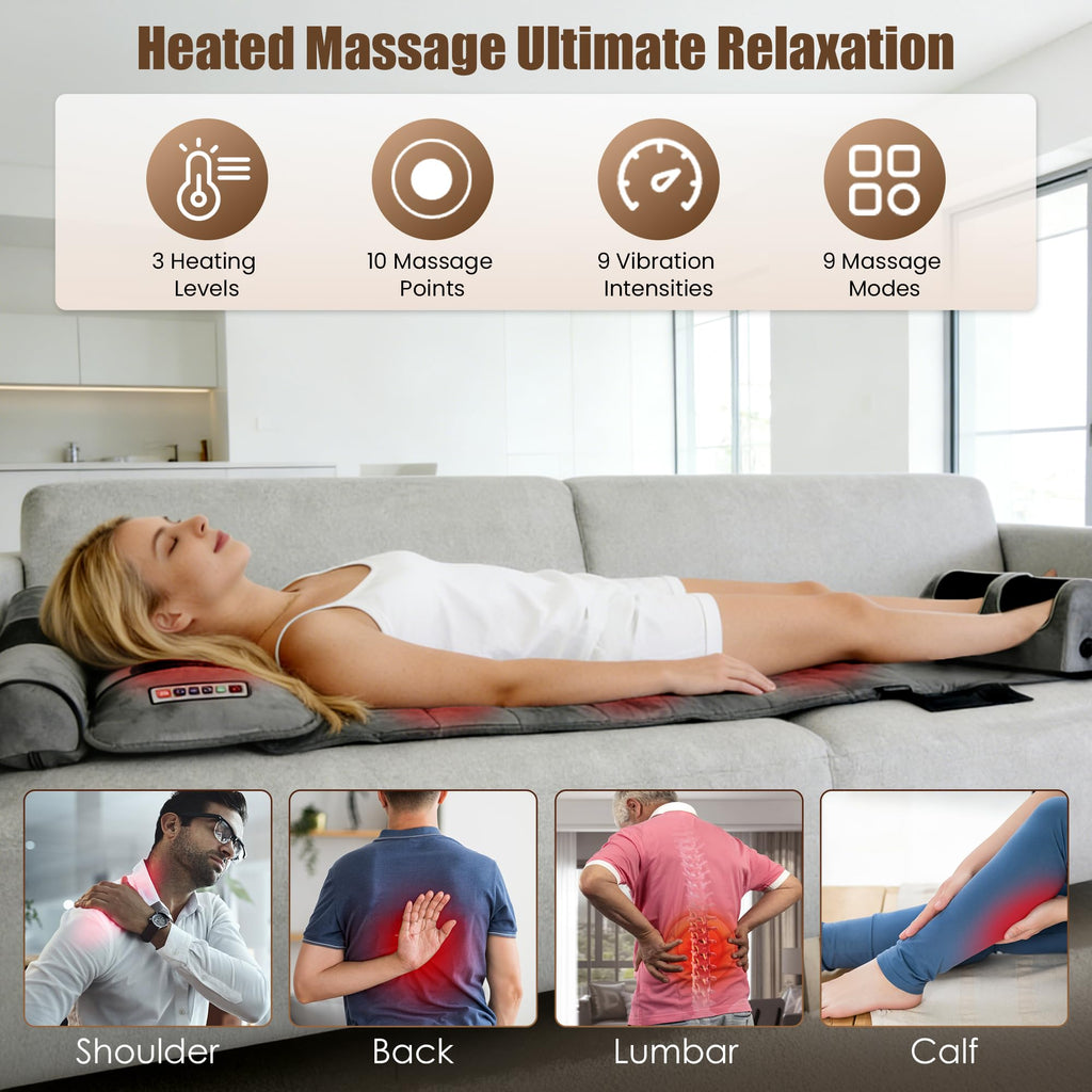 Full Body Massage Mat with Heat, 10 Vibrating Nodes, 9 Modes, 3 Heating Levels, Detachable Neck Foot Massager X602814