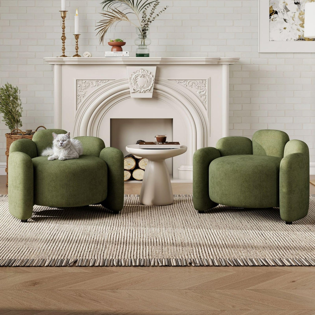 Green Set of 2 Upholstered Barrel Accent Chairs with Solid Wood Base F712311