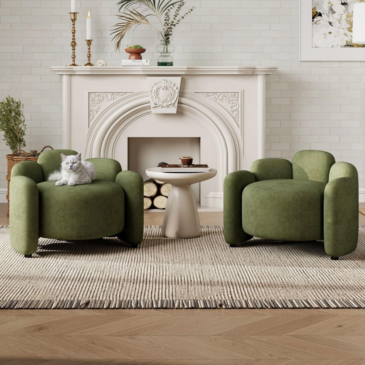 Green Set of 2 Upholstered Barrel Accent Chairs with Solid Wood Base F712311