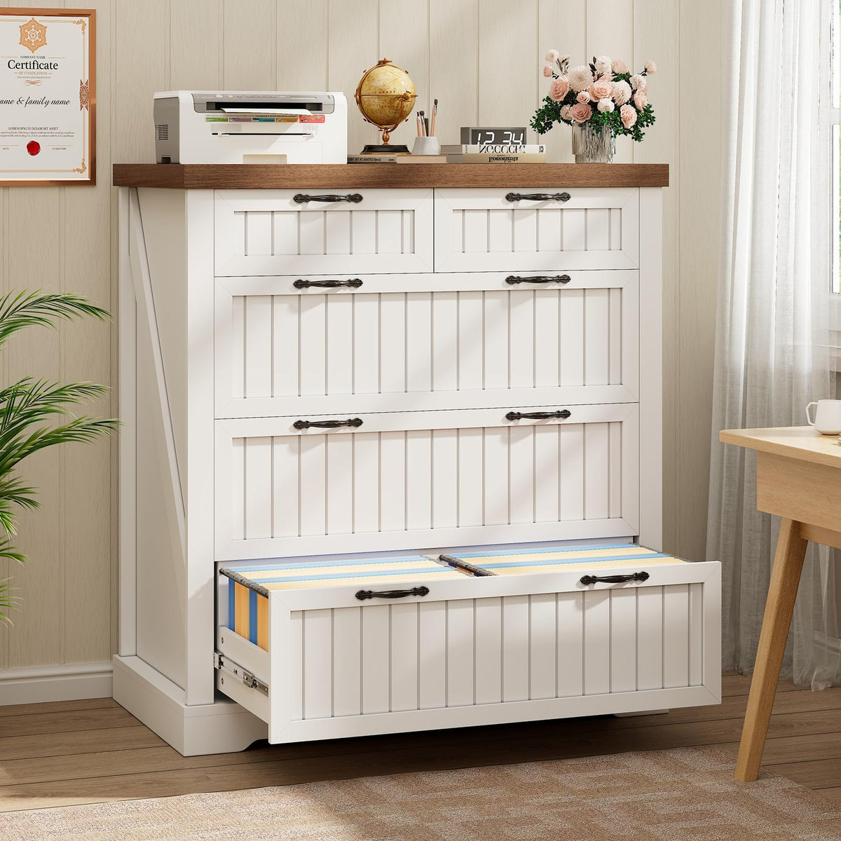 White and Brown 5 Drawer Wood File Cabinet N75749