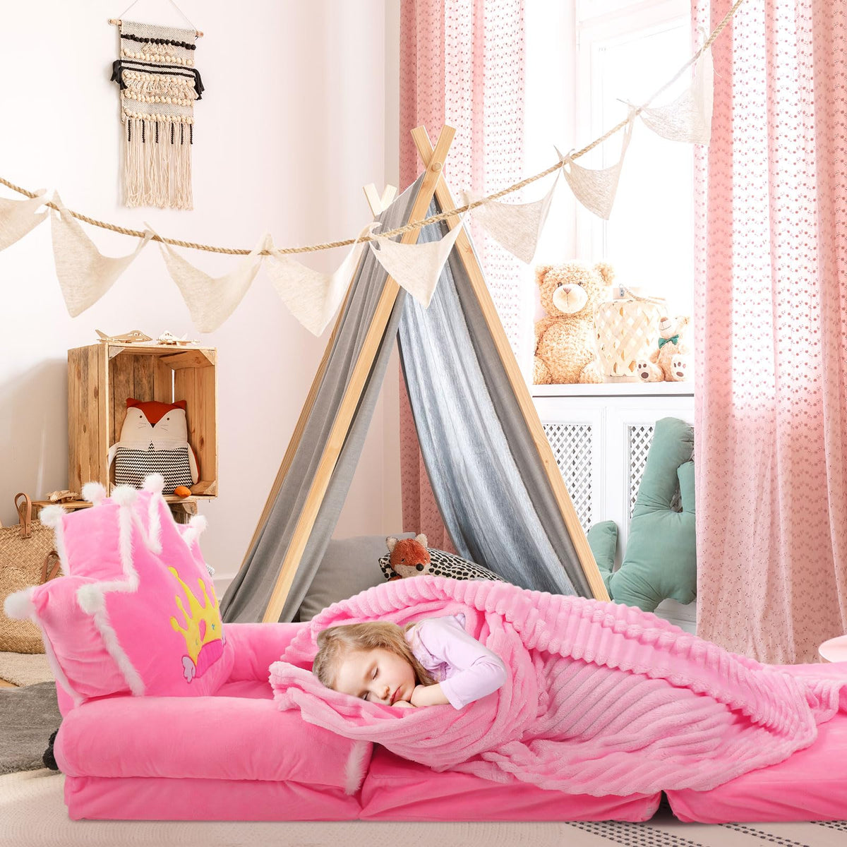 Pink 2 in 1 Fold Out Couch Set with Flannel Blanket K3373