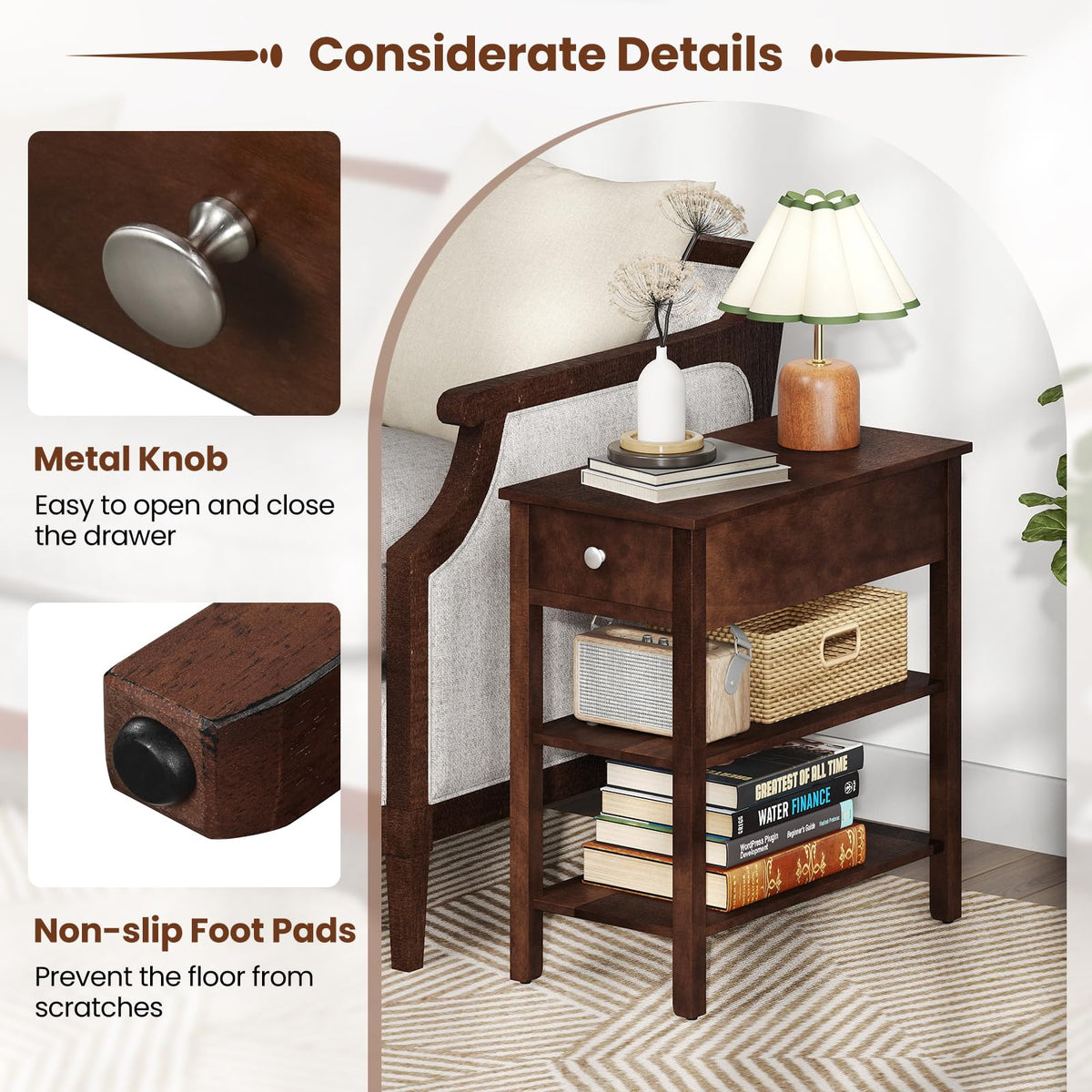 Narrow End Table Set of 2 Wood 3-Tier A743285