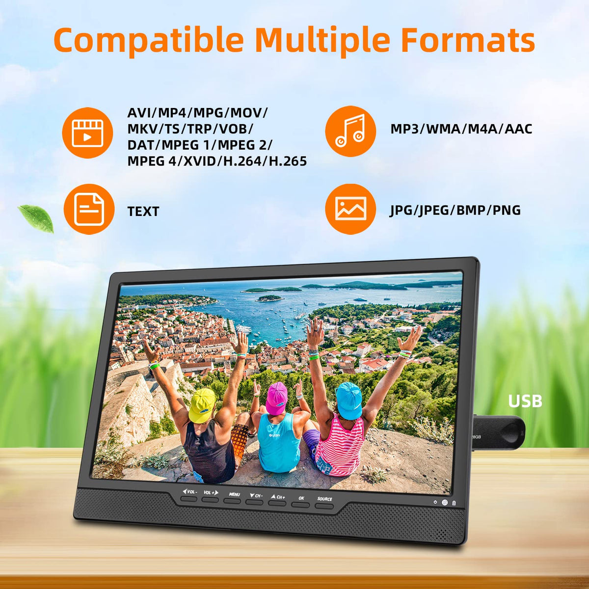 14 Inch Portable TV with Rechargeable Battery, ATSC Tuner, USB/HDMI/AV, 12 Volt K26117