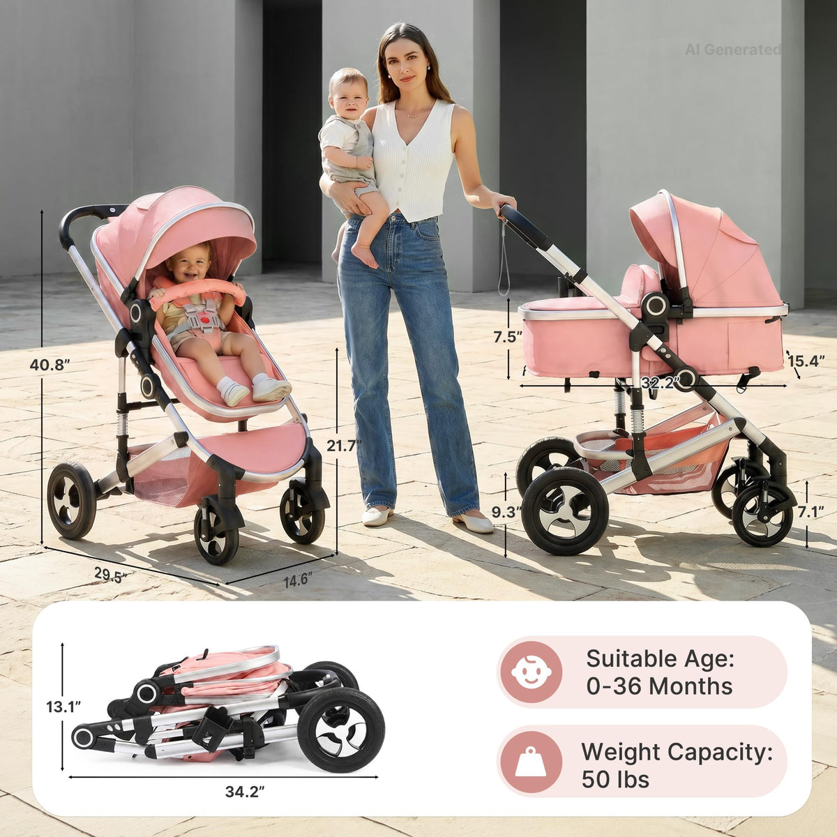 2-in-1 Foldable Stroller with Reversible Seat, Pink O153462