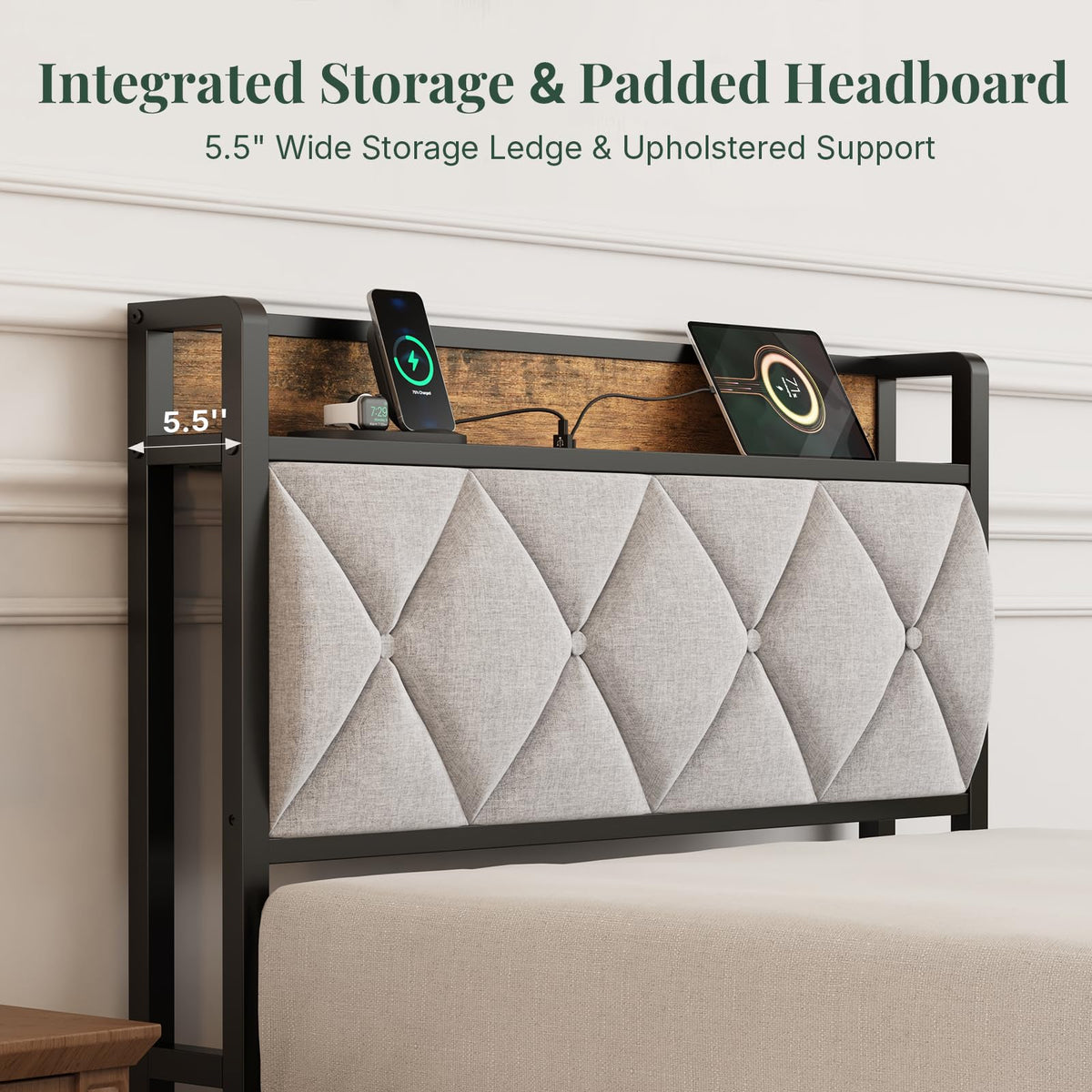 Twin Bed Frame with Headboard and Charging Plug C40542