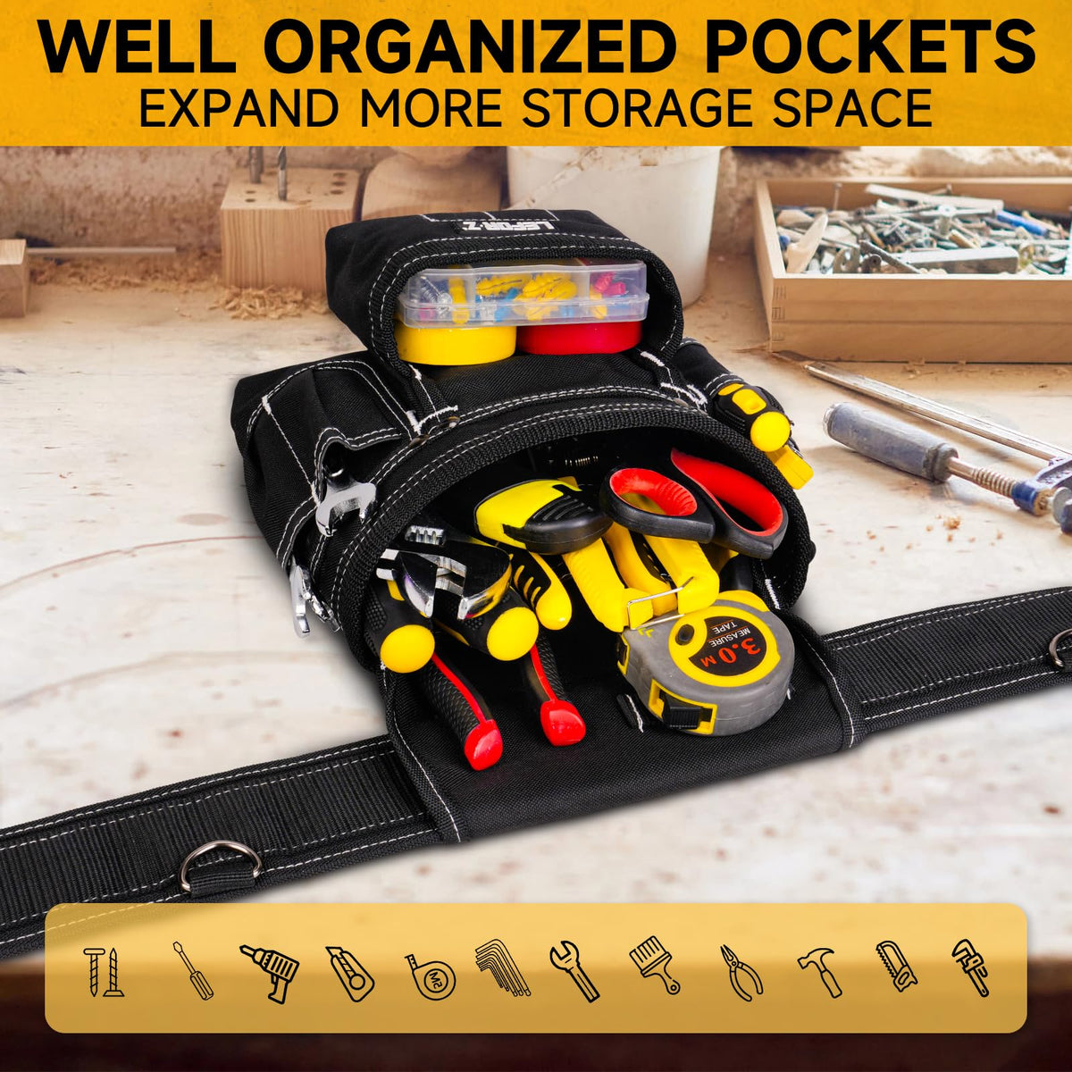 Tool Belt with 4 D-Rings, 27-Pockets P1169