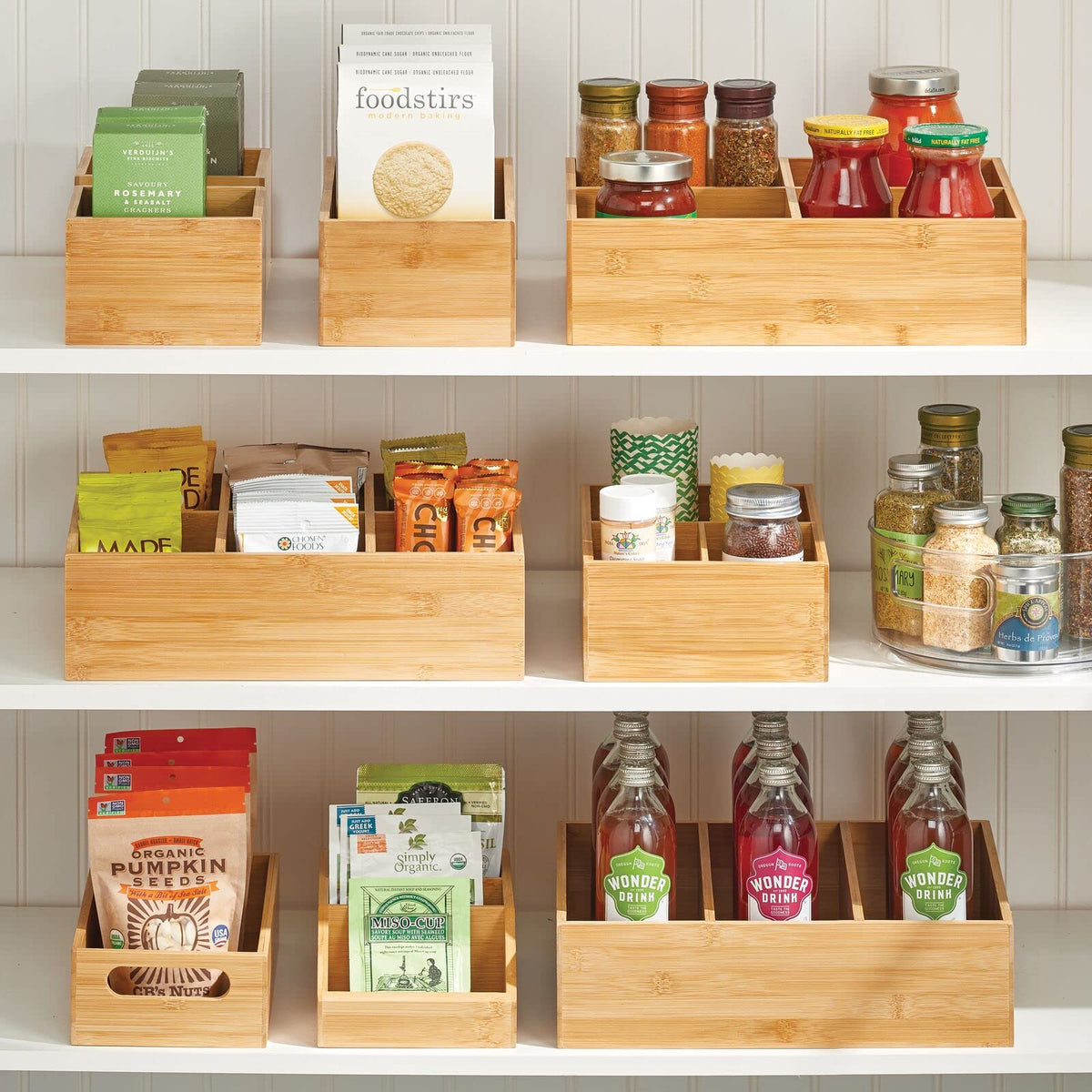 Bamboo 3 Section Stackable Pantry Organizer Bin, 2 Pack O254505
