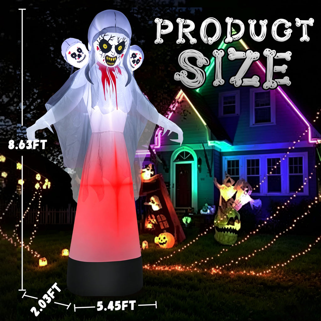 8.6FT Halloween Inflatable Grim Reaper Ghost with Skull Heads U90614