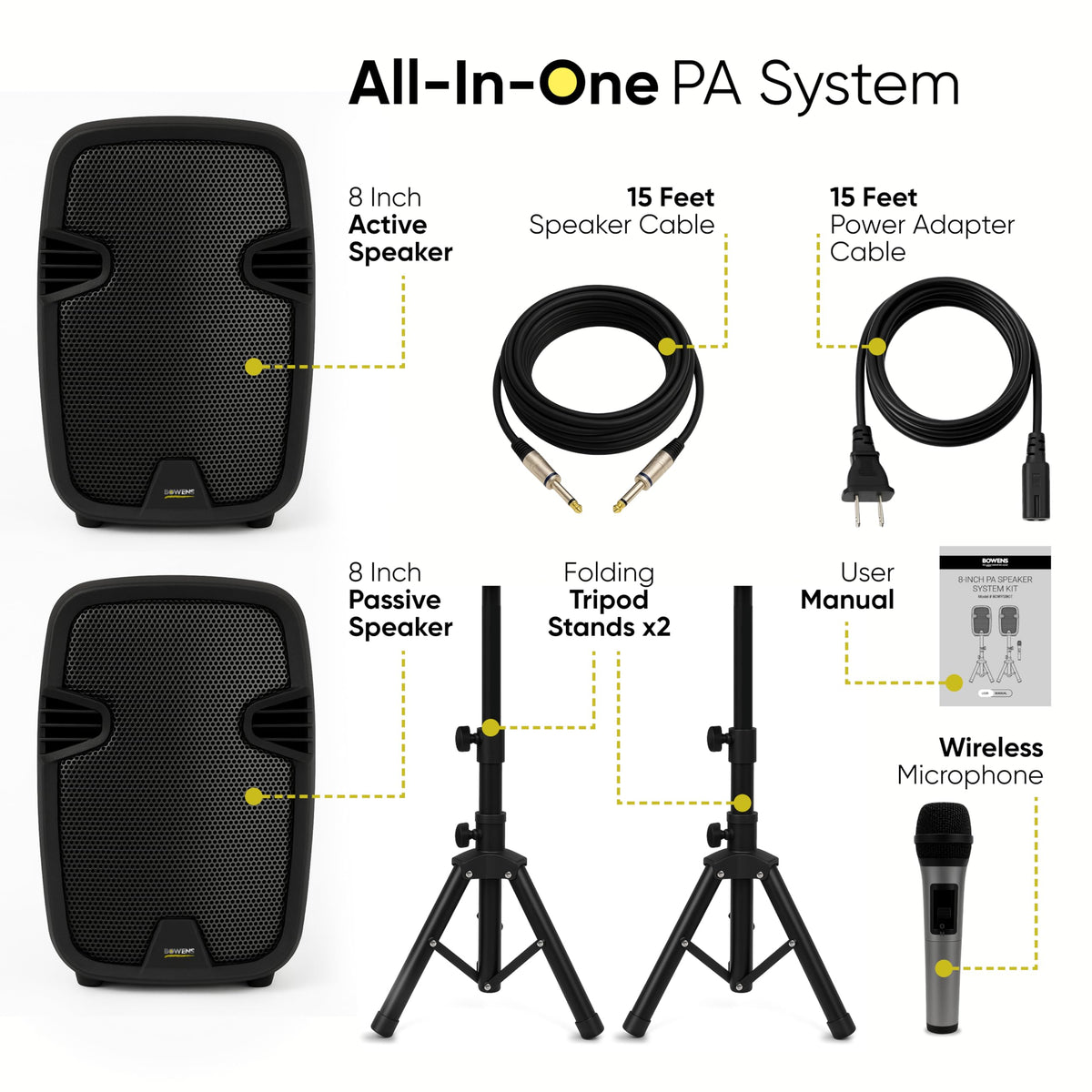 8-Inch Bluetooth PA Speaker Set with Stands and Cable H587