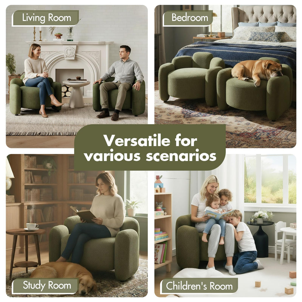 Green Set of 2 Upholstered Barrel Accent Chairs with Solid Wood Base F712311