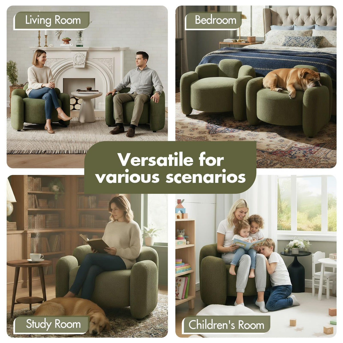 Green Set of 2 Upholstered Barrel Accent Chairs with Solid Wood Base F712311