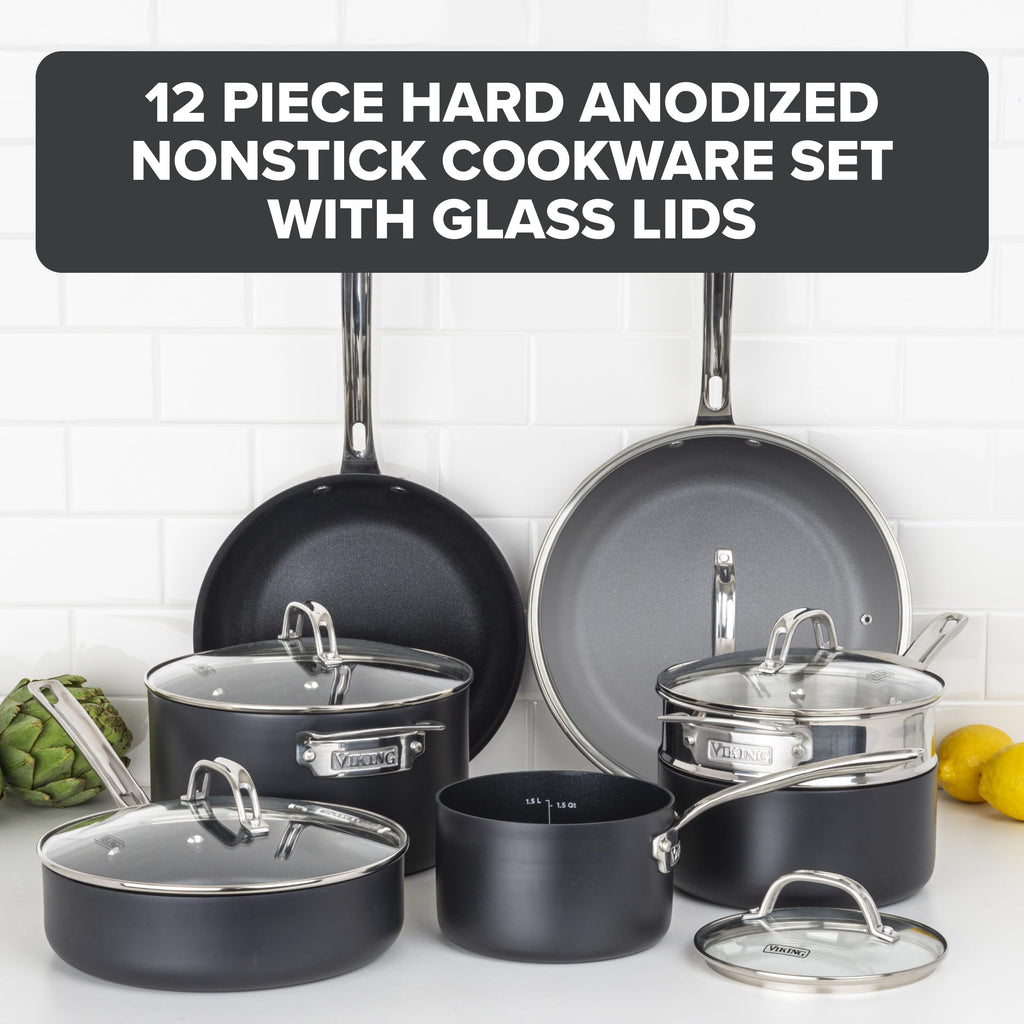12 Piece Non Stick Hard Anodized Cookware Set with Glass Lids K695292