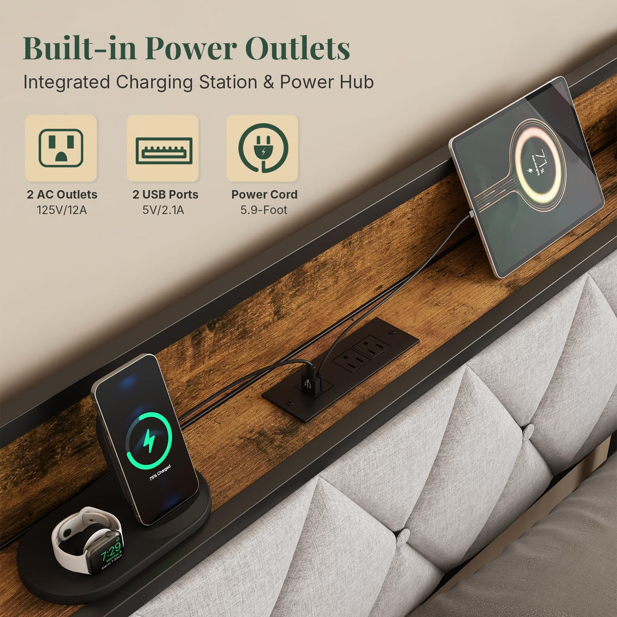 Twin Bed Frame with Headboard and Charging Plug C40542