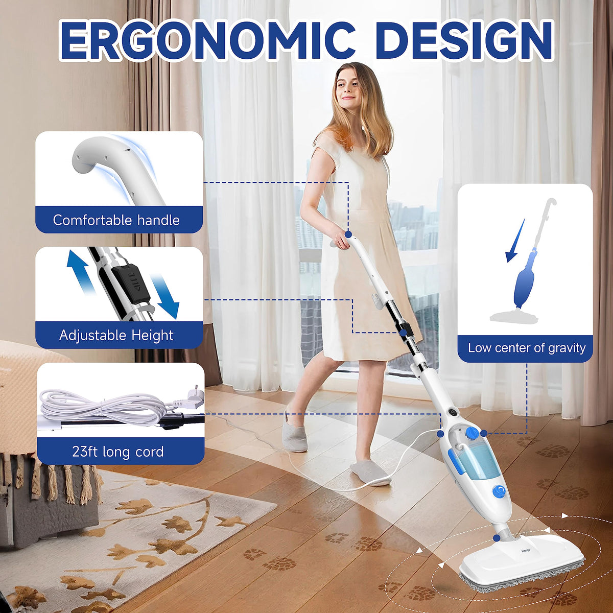 Lightweight Steam Mop with Adjustable Steam Modes, 23ft Cord, 2 Washable Pads O2744