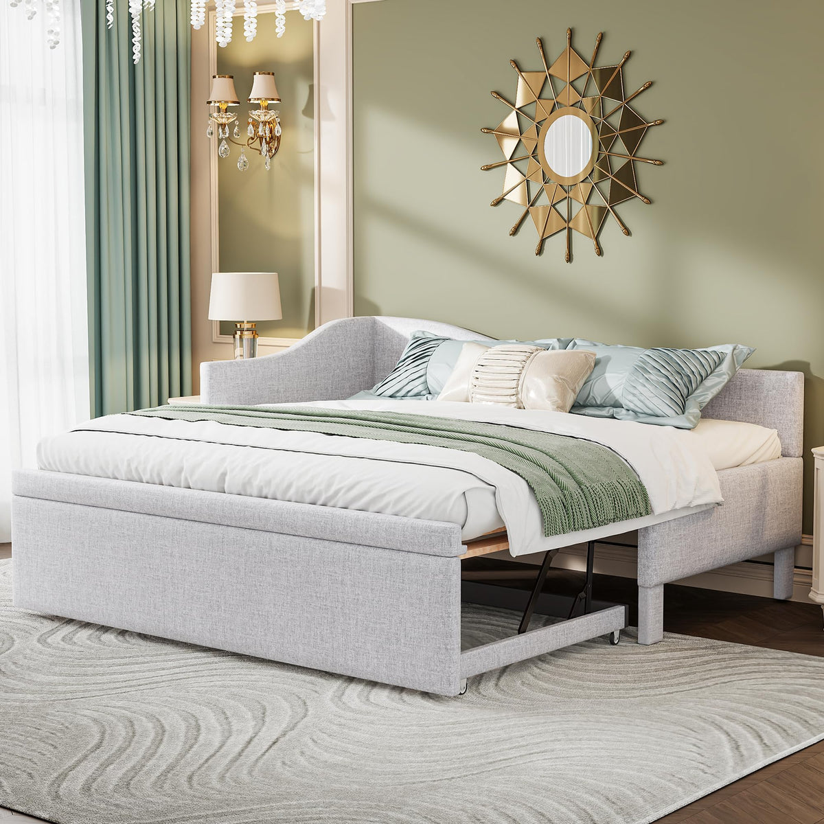 Twin Size Upholstered Linen Daybed with Pop up Trundle H49796