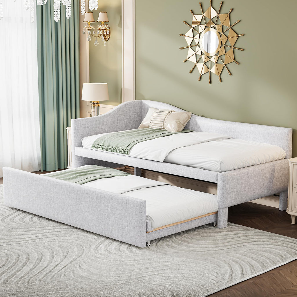 Twin Size Upholstered Linen Daybed with Pop up Trundle H49796