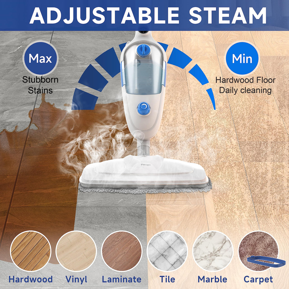 Lightweight Steam Mop with Adjustable Steam Modes, 23ft Cord, 2 Washable Pads O2744