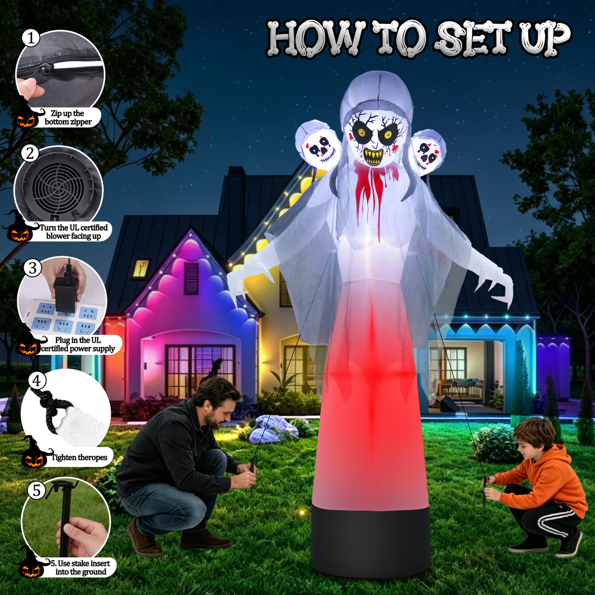 8.6FT Halloween Inflatable Grim Reaper Ghost with Skull Heads U90614